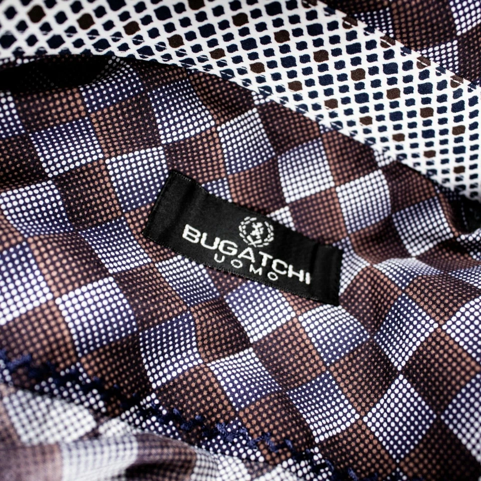 Camisa de Vestir BUGATCHI UOMO Marrón Plata Gris Geométrico Ajedrez Algodón Hombres Talla M Foto 2 de 4