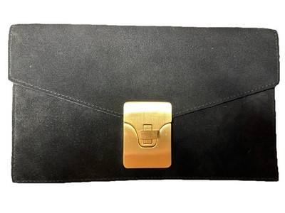 Talbots Black Suede 100% Leather Clutch With Brass Closure