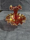 Fenton Art Glass Carnival Iridescent Red Diamond Lace 1 Horn Epergne