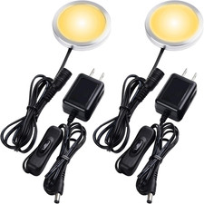 Under Cabinet LED Puck Light, Warm White, 120V, 2 Pack with Switch