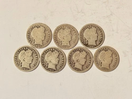 (7) 1897 1898 1907 1911 1916 D S P Barber 90% Silver Dimes .90 Very Nice Lot
