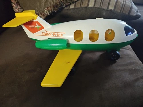 Vintage 1980s Fisher Price Green And Yellow Jet Airplane Toy