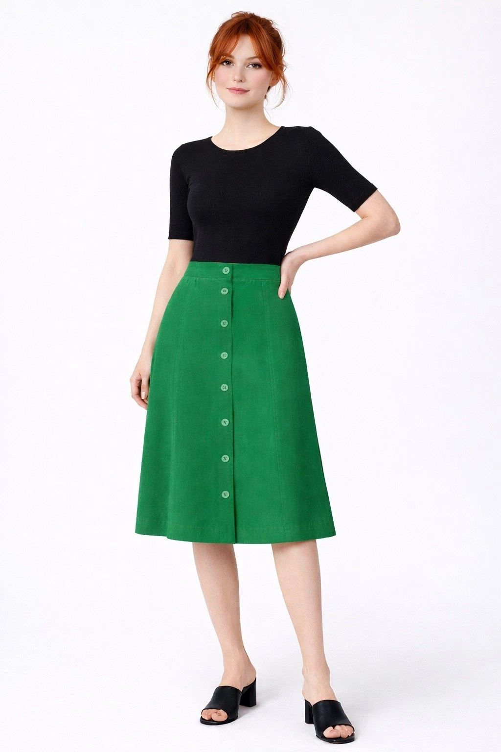 QL2 Italian Cotton Emerald Green Buttoned Knee Length Skirt S