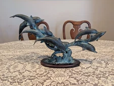 SPI Bronze Dolphin  Sculpture – 13 Dolphin Group Leaping Over Ocean Waves Rare