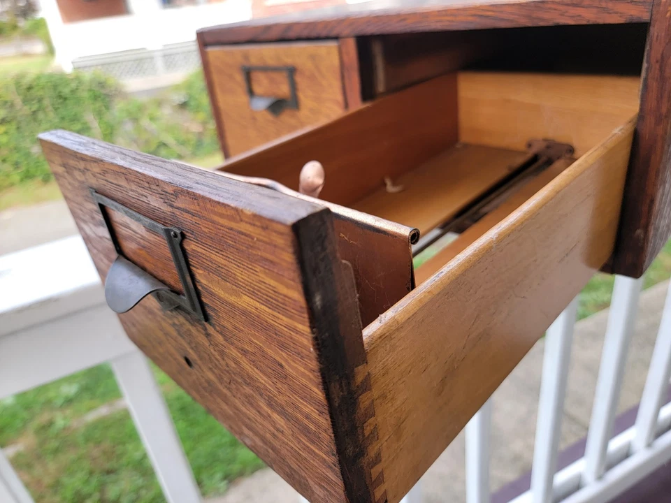 R And T 2 Drawer Card Catalog Old Oak Quarter Sawn  Dovetail Joints  1800s - Image 2 of 4