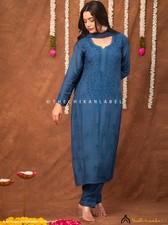 Blue Muslin Chikankari Kurta Set, Chikankari 3 Piece Set, Women Salwaar Kameez