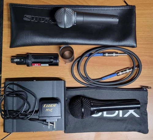Azden wireless mic system w/ a Shure SM58 Mic and a Audix OM-3xb Mic - product listing photo