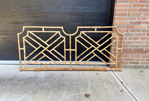 Vintage Bamboo Rattan Fretwork Chinoiserie Headboard Bed King