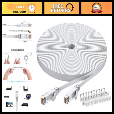 40FT Cat6 Ethernet Cable - Flat RJ45 Network LAN Internet Patch Cord, White