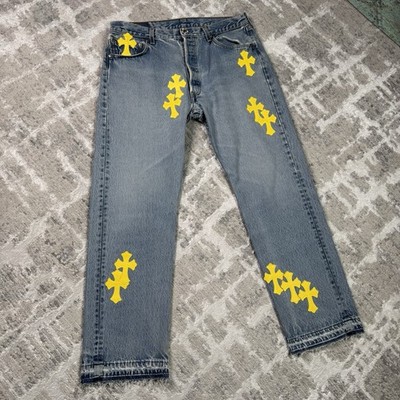 Chrome Hearts Levi 501 Yellow Cross Patch Denim Jeans 
