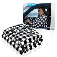 Wearable Car Electric Blanket 12 Volt Heated Travel Blanket Black/White Plaid