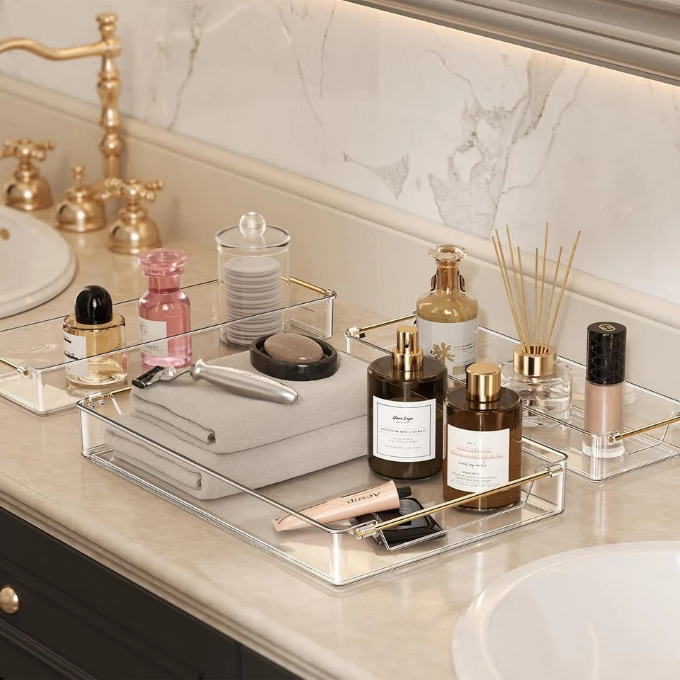 Juego de 3 bandejas transparentes para servir con asas doradas bandejas de fiesta de plástico a prueba de derrames Foto 4 de 4