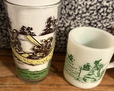Rare Davy Crockett Milk Glass Mugs, Covered Wagon, Cowboy, Bicycle, Pack Mule