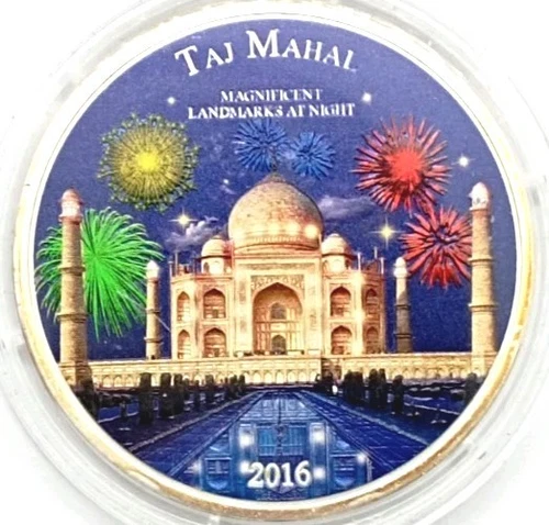 2000 CFA 2016 Taj Mahal Landmarks at Night 2 Oz  .999 Silver Coloured Box CoA