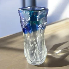 Vintage Poland Art Glass Vase Drip Pattern Clear With Blue Top Glass Vase Decor