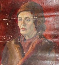 Antique oil painting lady with red hat realist portrait