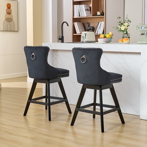 2Set 25.9" Counter Height Bar Stools Swivel Velvet Bar Stools W/ Wood Legs Black - Picture 19 of 21