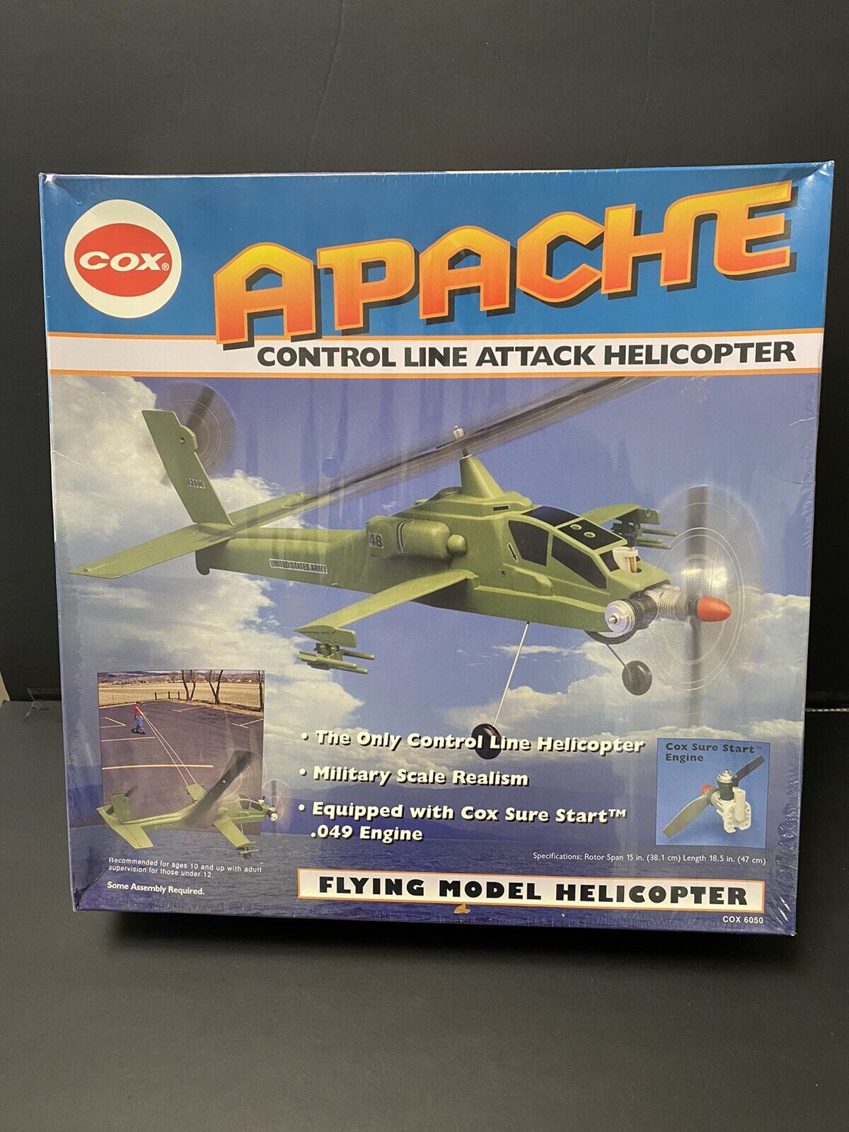 Rare! 1997 Cox Apache Control Line Attack Helicopter .049 Engine NEW Vintage