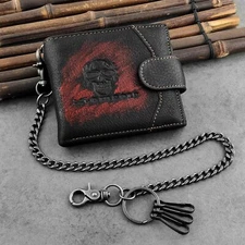 Biker Trucker Skull Pattern Leather Wallet Card Holder Purse With Chain Men