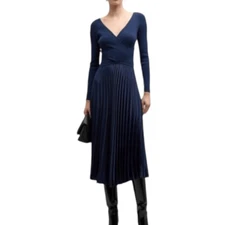 Derek Lam Anika Navy Long Sleeve Pleated Sweater Dress| Size M
