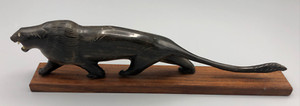 Carved Water Buffalo Horn Black Panther Jaguar Figure Wood Base 9 1/2" Long
