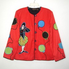 Julia Ken Embroidered Appliqued Harlequin Cotton Blend Lined Jacket Womens Sz Lg