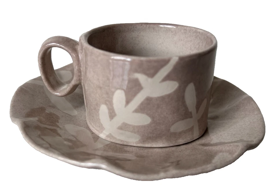 6件套花卉陶器Demitasse浓缩咖啡杯碟反应釉棕褐色 — 第 2/4 张图片