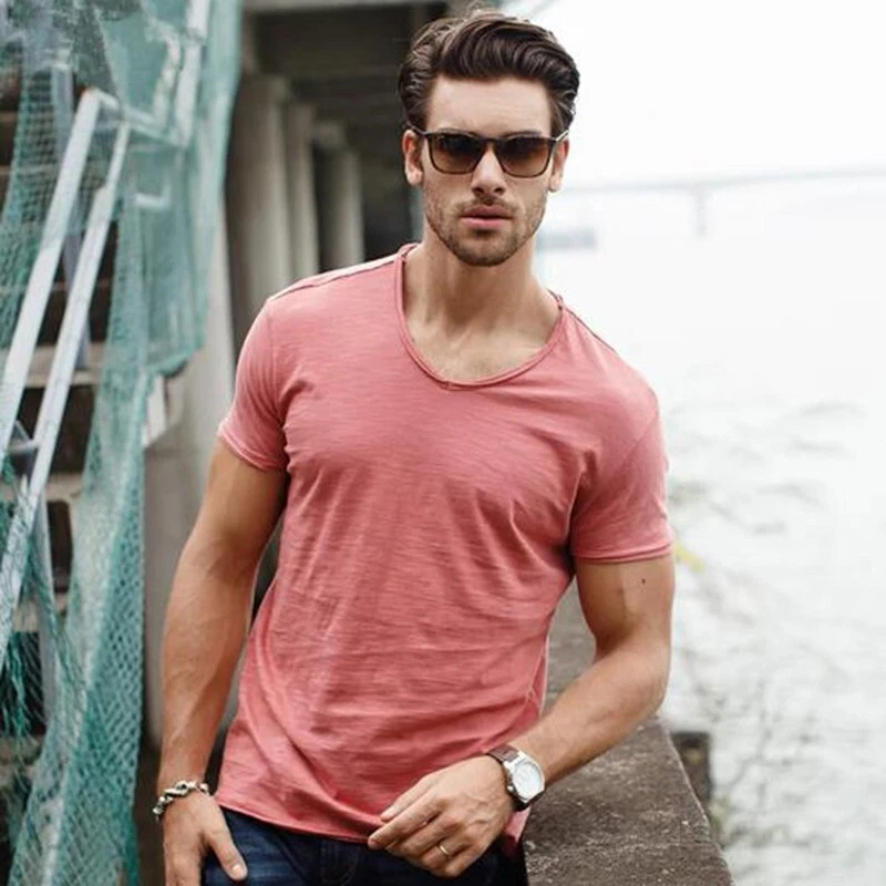 New Men T-shirt V-neck Cotton Short Sleeve Casual Slim Solid T Shirts Summer Tee - Image 2 of 4
