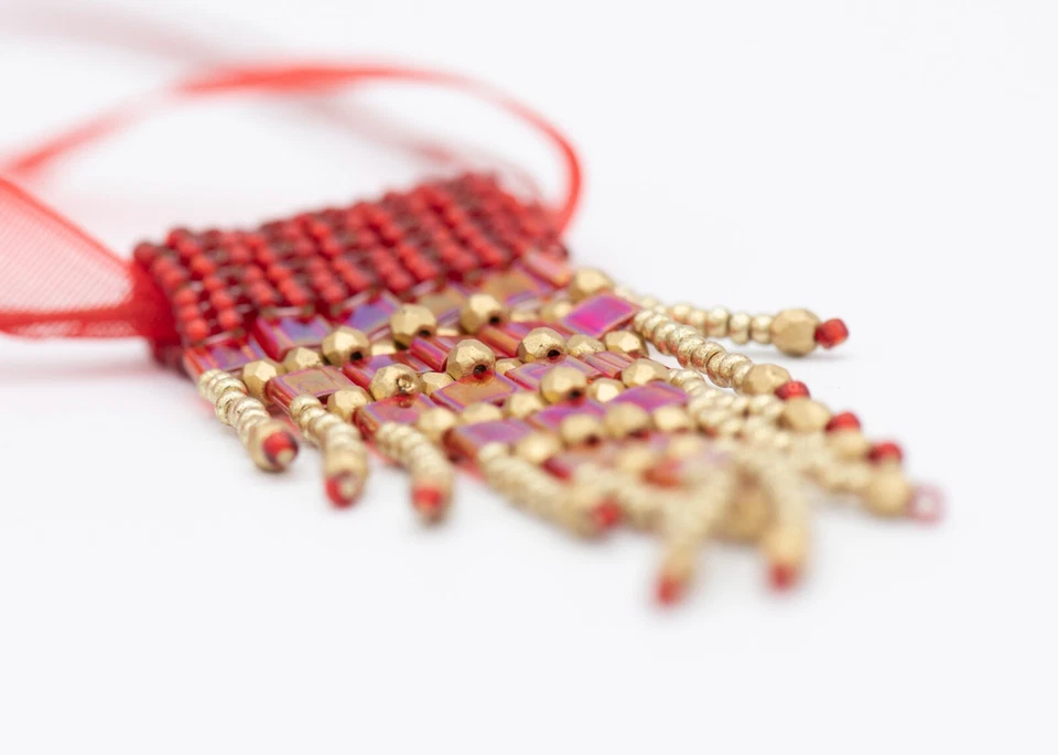 Anhänger Rot Gold Kettenanhänger Damen Schmuck handarbeit glasperlen fransen - Bild 4 von 4