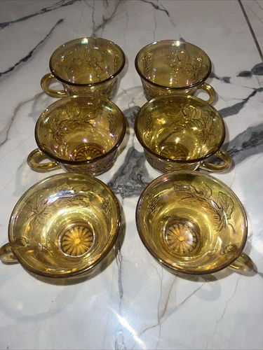 ~6 Vtg Carnival Glass Princess  Tea Cups  Marigold Grapes Leaves Iridescent~