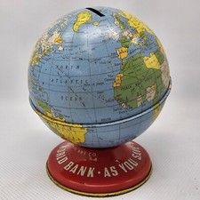 Vintage The Ohio Art Co. Globe World Bank Tin Toy Coin Bank Made in USA