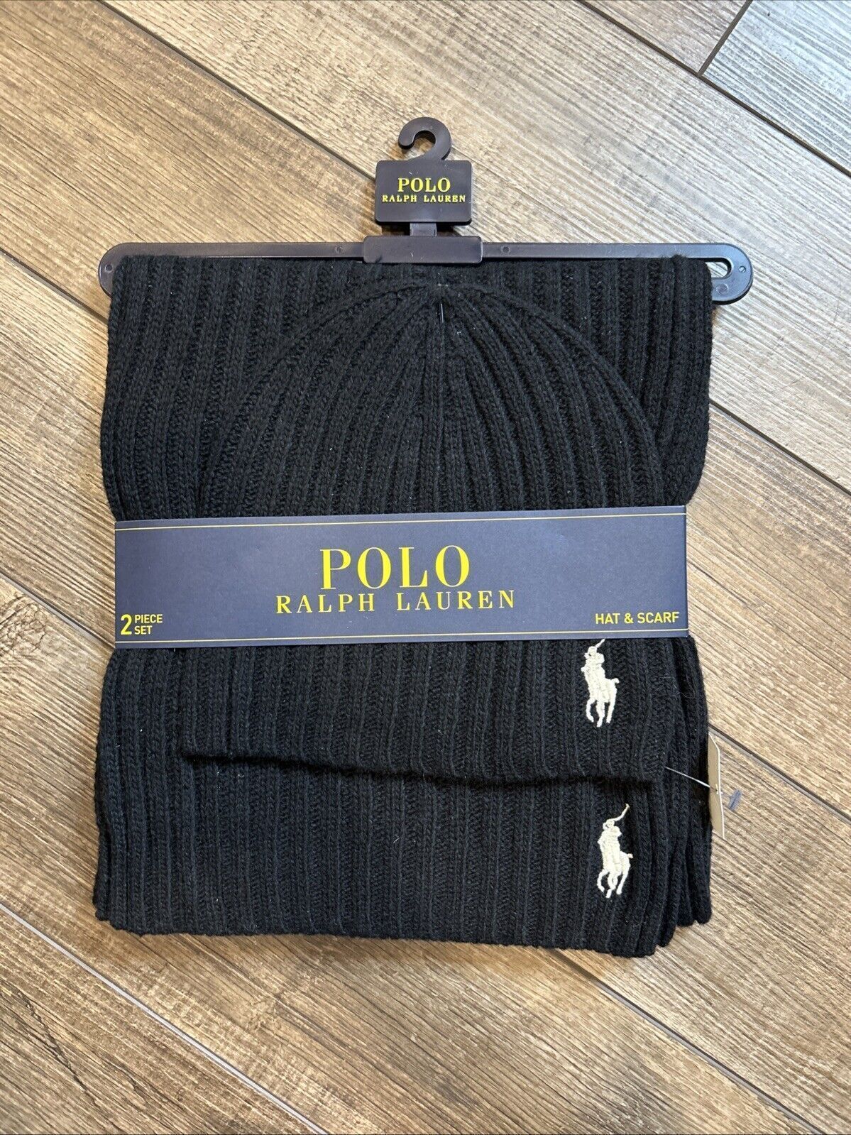 NUOVO Polo Ralph Lauren misto lana maglia cavo pony berretto sciarpa set nero uomo