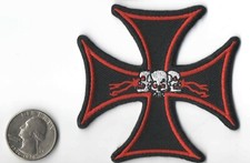 Maltese / Iron Cross With 3 Skulls Iron On Sew On Embroidered Patch 3"X 3"