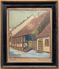 Silografia a Colori Casa a Graticcio + Nero Antico Cornice Um 1920 Osterlide