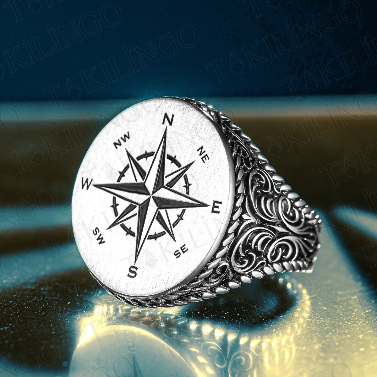 Solid 925 Sterling Silver Oval Sailor's Compass Anchor Men's Ring Plain  Signet