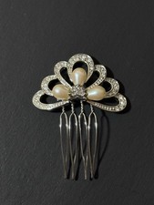 Vintage Silver Tone Monet Faux Pearl Crystal Hair Comb