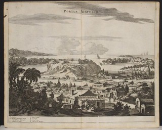 ACAPULCO MEXICO 1671 ARNOLDUS MONTANUS UNUSUAL ANTIQUE COPPER ENGRAVED CITY VIEW