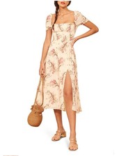 Reformation Ivory Pink Floral Print Inka Smocked Bodice Slit Crepe Dress Size M