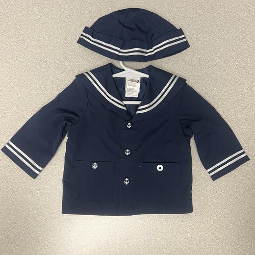 Cappello camicia vintage Good Lad marinaio nautico bambino taglia 12M blu bianco navy set 2 pezzi