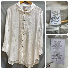Match Point White Linen Top Blouse Lagenlook Coastal Beachy Relaxed Small USA