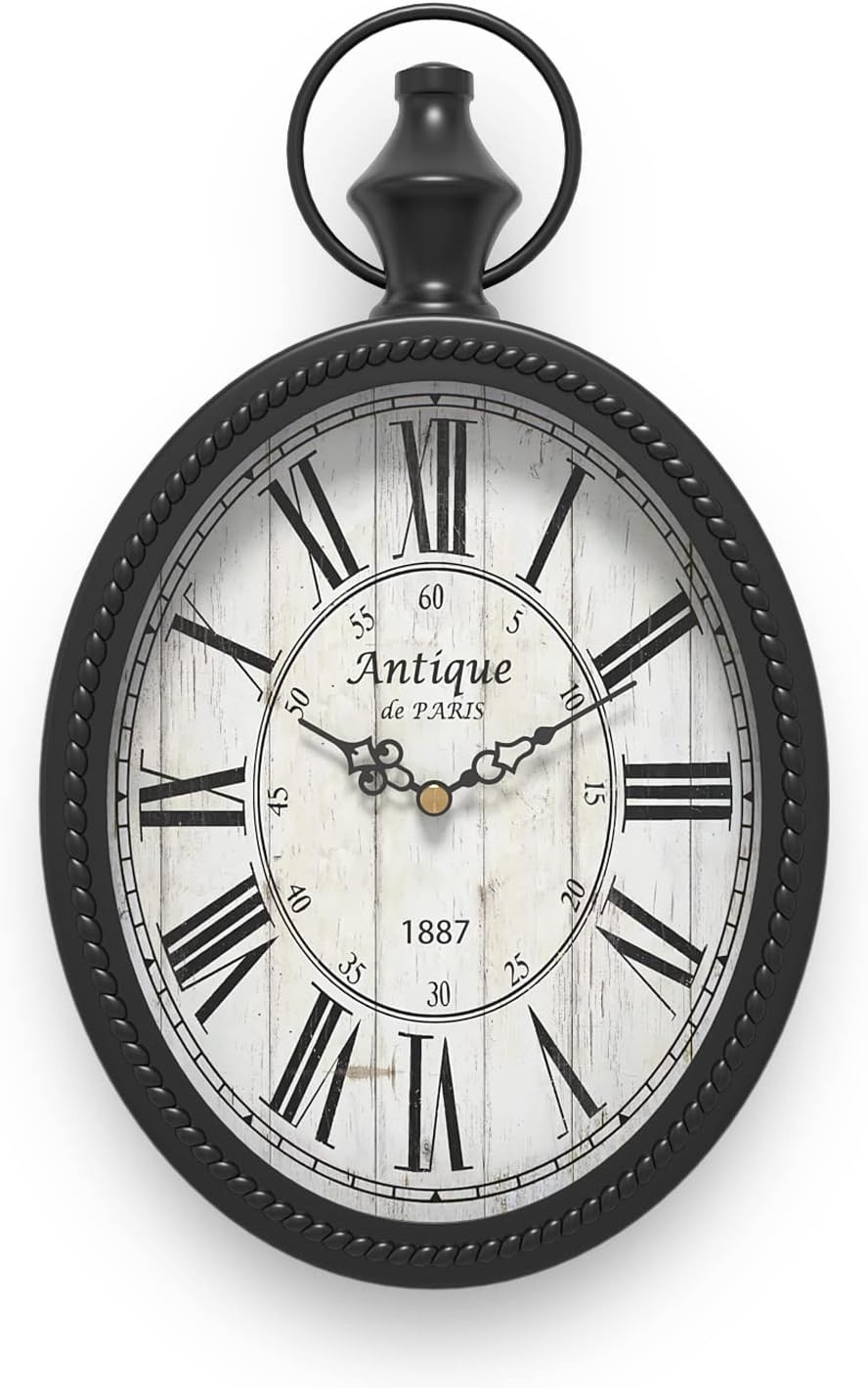 Small Retro Oval Wall Clock, Antique Old Design, Black Vintage Style, Battery Op
