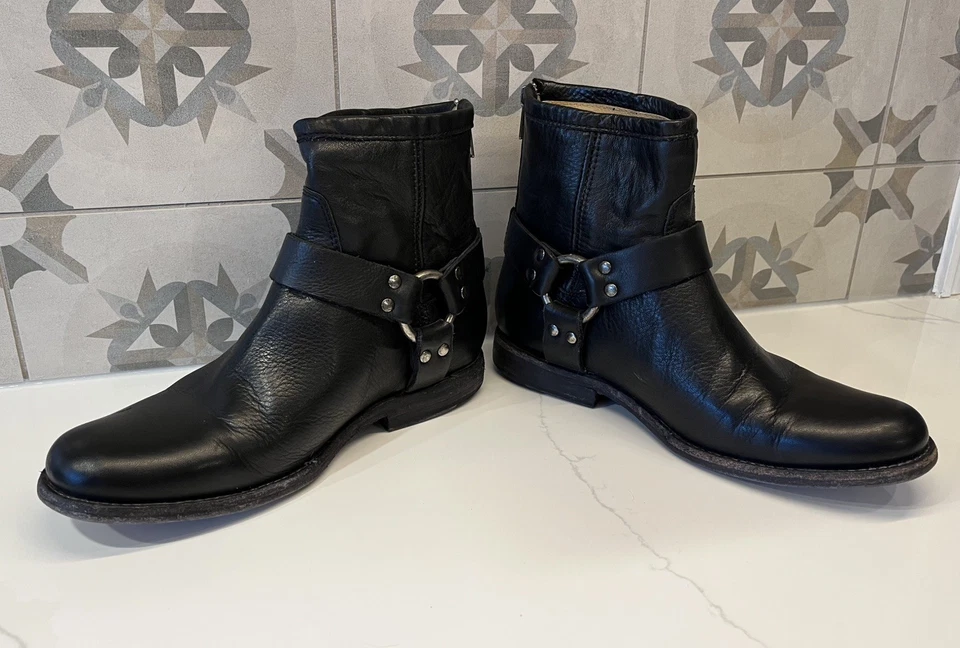 FRYE Phillip Arnés Cuero Negro Botines Moto/Motero #76870 Talla 7 Foto 2 de 4