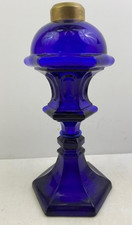 COBALT BLUE GLASS OIL LAMP - BOSTON SANDWICH PEDESTAL LOOP LEAF- 11