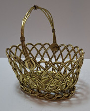 Vintage Brass Basket Woven w/Folding Handle Oval Scalloped Edge