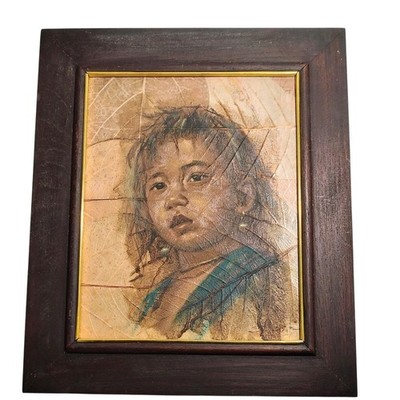 Vintage Tobacco Leaf Child Portrait Oil Painting Wood Frame 11.5''x13.5'' Signed