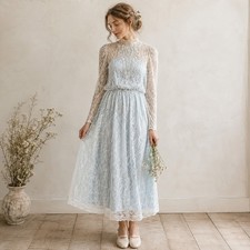 Vintage 70s Pale Blue Lace Dress 2 Piece Victorian Prairie Maxi M