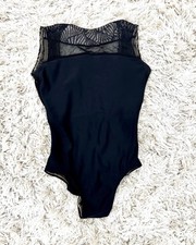 Lucky Leo Brand Black Lace Trim Leotard Bodysuit AS
