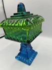 Vintage Jeanette Lombardi Flash Blue & Green Ombré Lidded Wedding Candy Bowl SEE