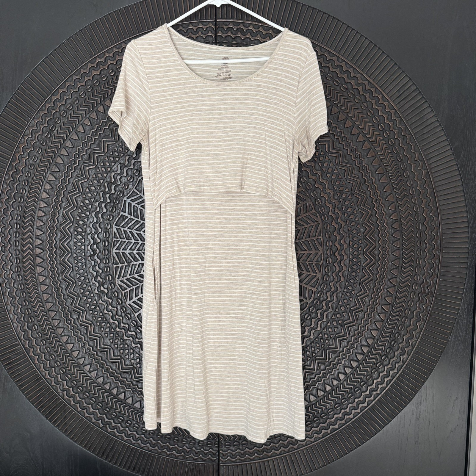 Kindred Bravely Eleanora Bamboo Maternity Nursing Dress M Oatmeal Stripe Beige