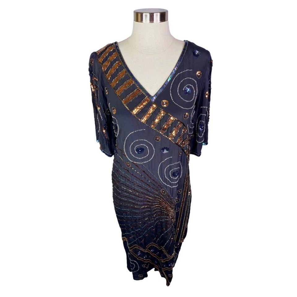 Vestido de Cóctel Vintage Años 80 Argenti Negro 100% Seda Lentejuelas Talla 6 Gran Gatsby Foto 3 de 4